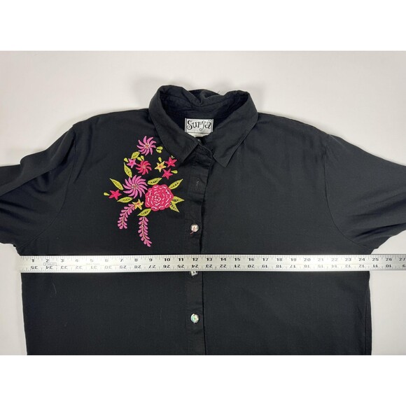 Surya Blouse Womens Large Black Button Up Floral Embroidered Beaded Rayon Boho - Picture 8 of 10